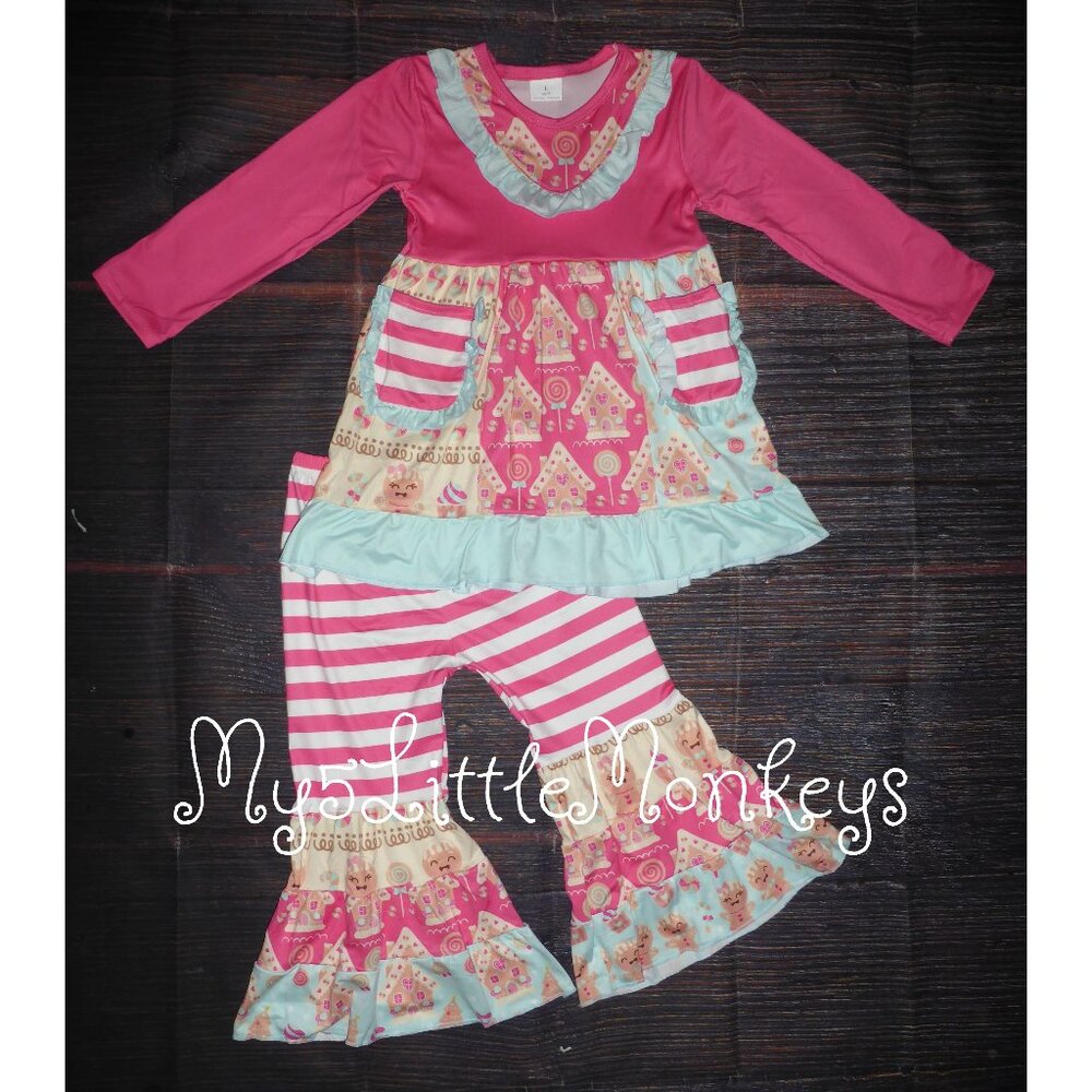 Boutique Christmas Gingerbread House Tunic Dress Ruffle Pants Girls Outfit